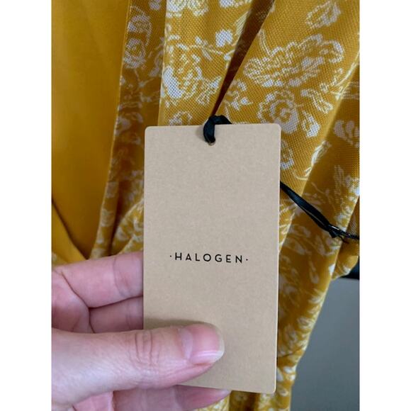 Halogen-Sleeveless-Peplum-Top-Floral-Deep‎ V Neck-Mustard-Yellow-Poly-Women-M - Picture 3 of 6